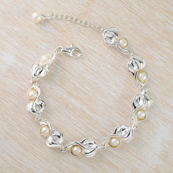 Sterling Silver and White Pearl 'Leaf' Linked Bracelet.