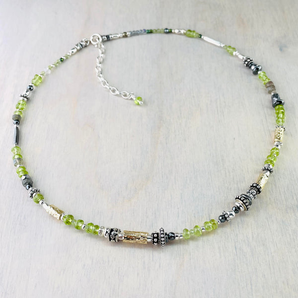 Peridot, Labradorite, Hematite, Silver and Gold Plated Bead Necklace by Emily Merrix.