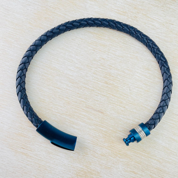 Gents Blue Leather and Stainless Steel Bracelet.