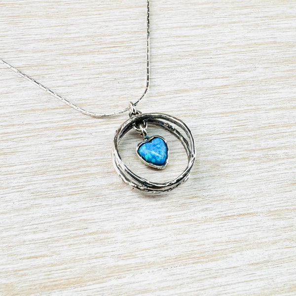 Oxidised Sterling Silver Circle and Opal Heart Pendant.