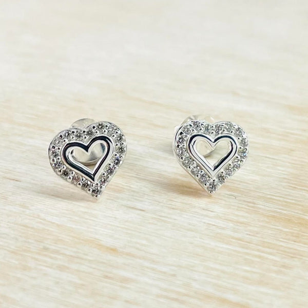 Heart Shaped Sterling Silver and Pavé set CZ Stud Earrings