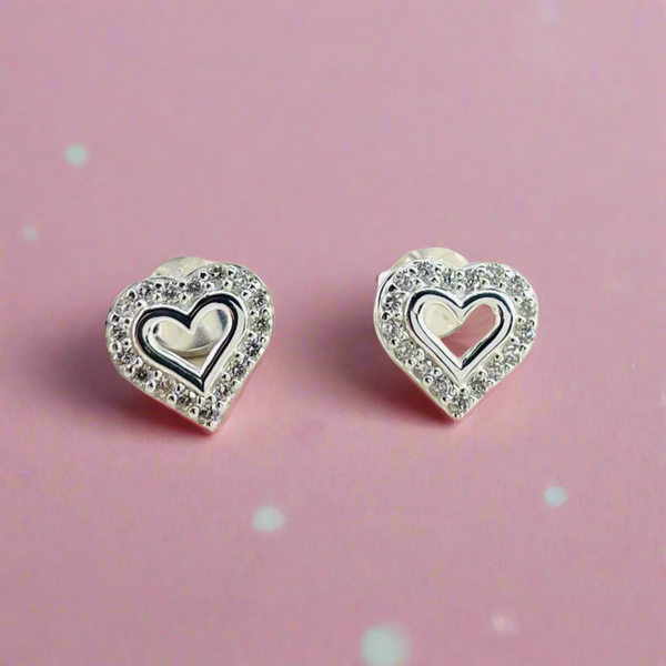 Heart Shaped Sterling Silver and Pavé set CZ Stud Earrings
