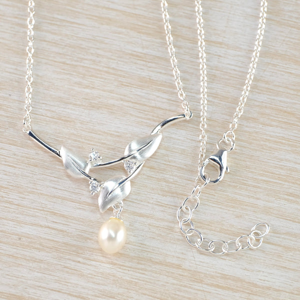 Sterling Silver, Pearl and Cubic Zirconia Leaf Necklace by JB Designs.