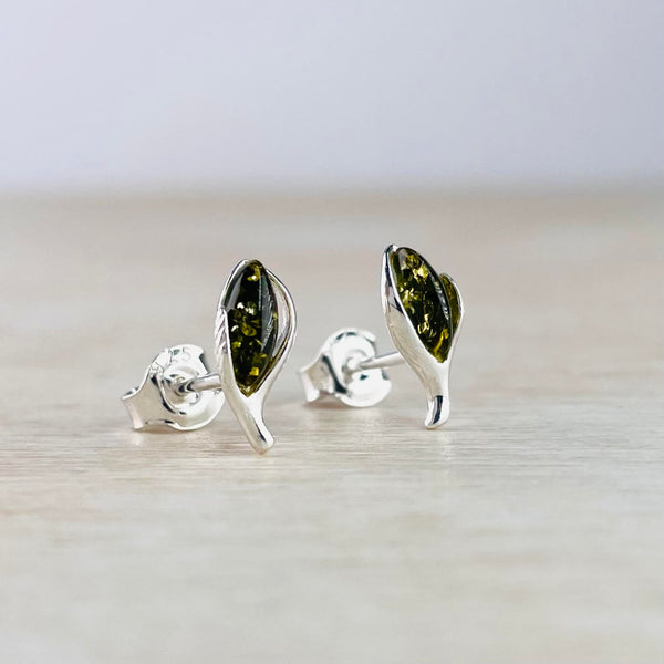 Marquise Green Amber and Sterling Silver Stud Earrings.