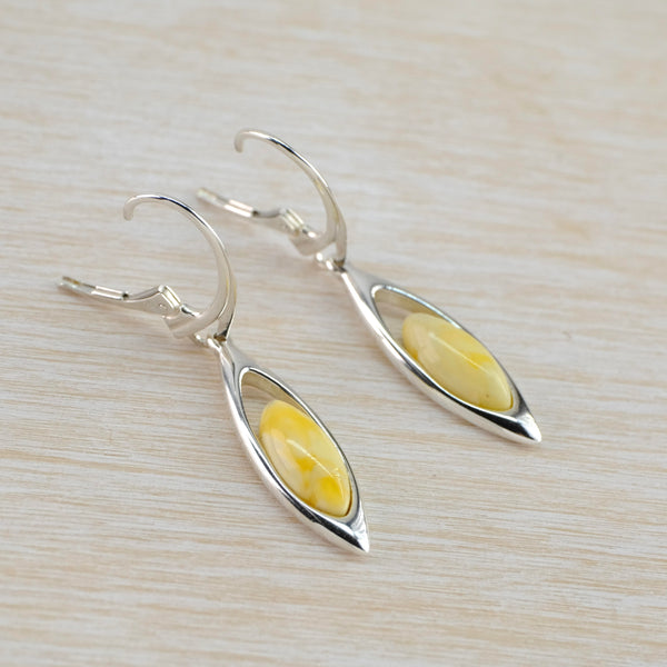 Marquise Milky Honey Amber and Silver Drop Earrings.