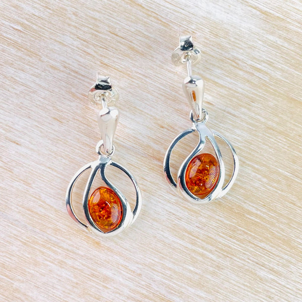 Curvy Amber and Sterling Silver Earrings.