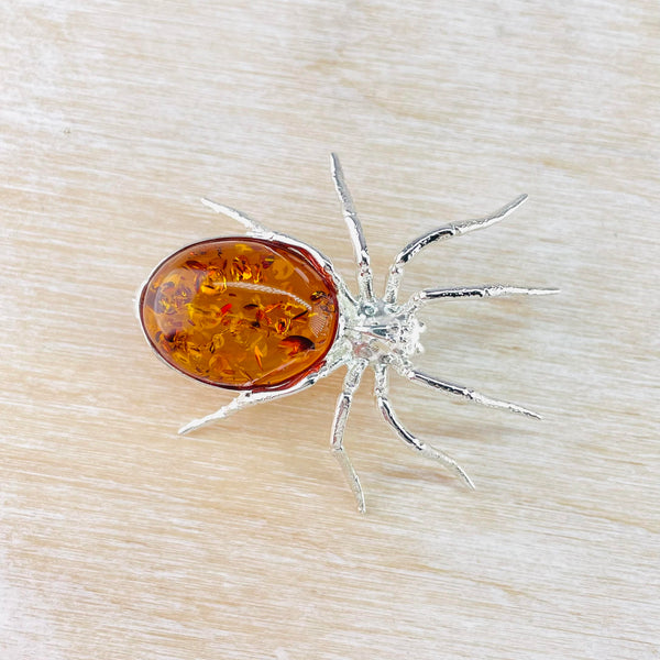 Sterling Silver and Amber Spider Design Brooch.