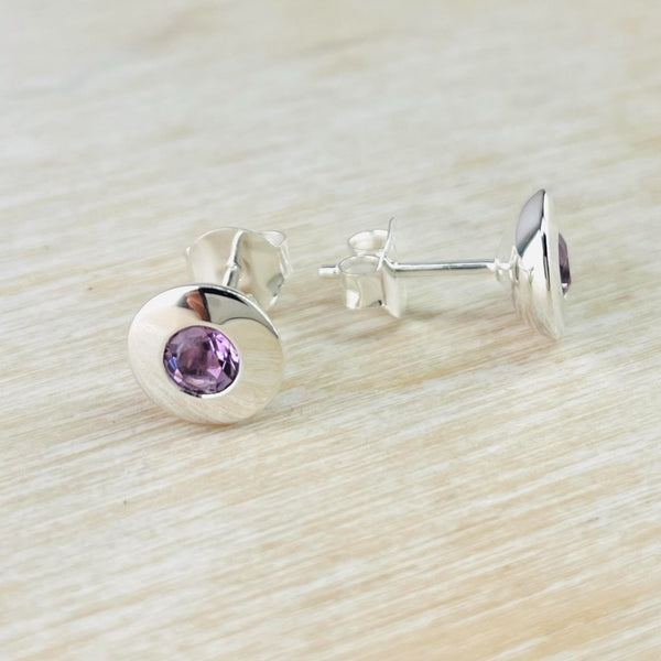 Round Sterling Silver and Amethyst Stud Earrings.