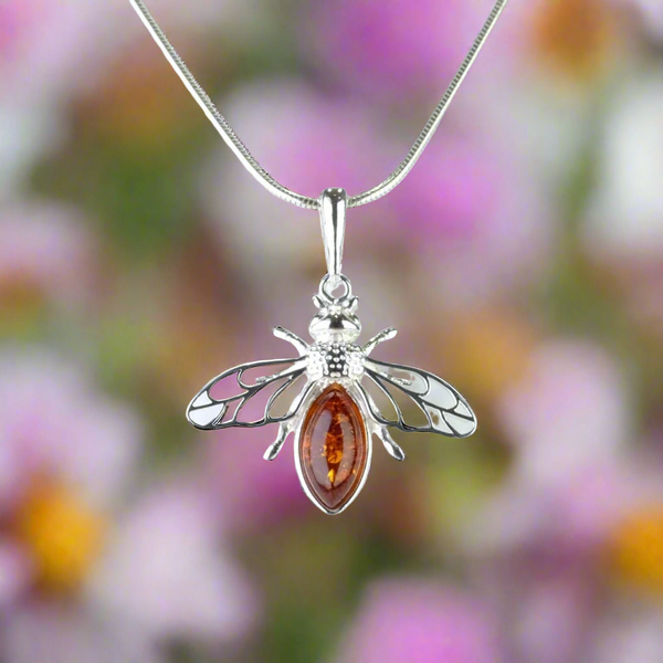 Sterling Silver and Amber Bee Design Pendant.