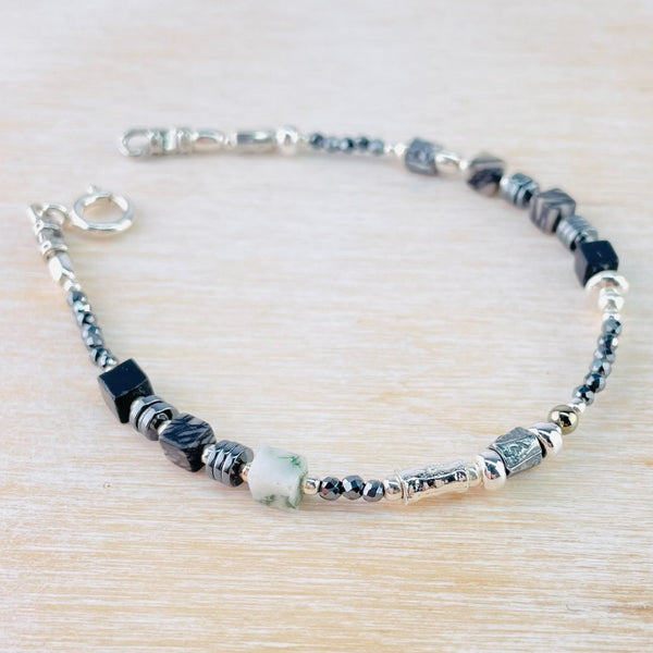 Onyx, Jasper, Hematite, Spinel and Silver Bead Bracelet by Emily Merrix.