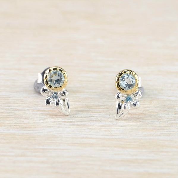 Gold Plated Silver and Blue Topaz Flower Stud Earrings.