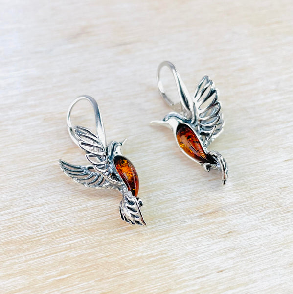 Sterling Silver and Amber Hummingbird Earrings.