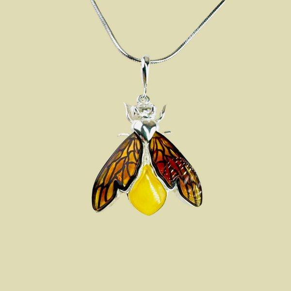 Two Coloured Amber and Sterling Silver Bee Design Pendant.