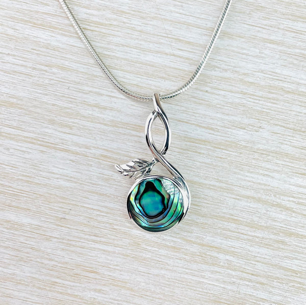 Circular Abalone and Sterling Silver Leaf Pendant.