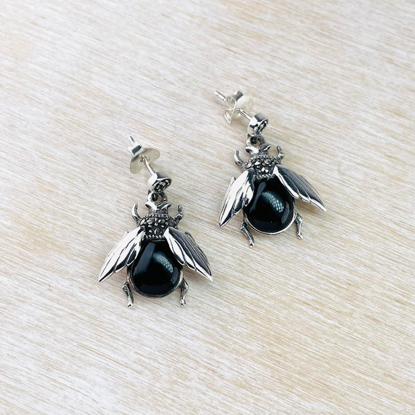 Marcasite and Black Onyx Bee Drop Earrings.