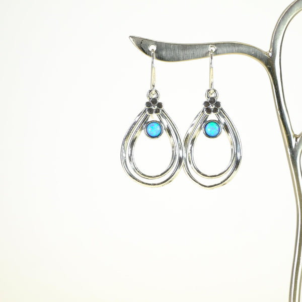 Flower and Tear Drop Sterling Silver and Opal Earrings.