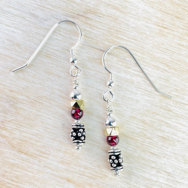 Sterling Silver, Garnet and Gold Plated Bead Drop Earrings.