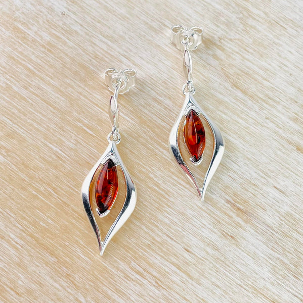 Elegant Amber and Sterling Silver Drop Earrings.