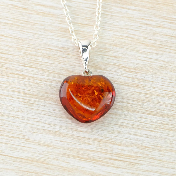 Cognac Amber and Sterling Silver Heart Pendant.