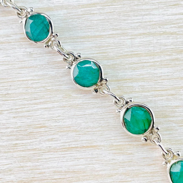 Sterling Silver and Round Emerald Quartz Stone Set Bracelet.