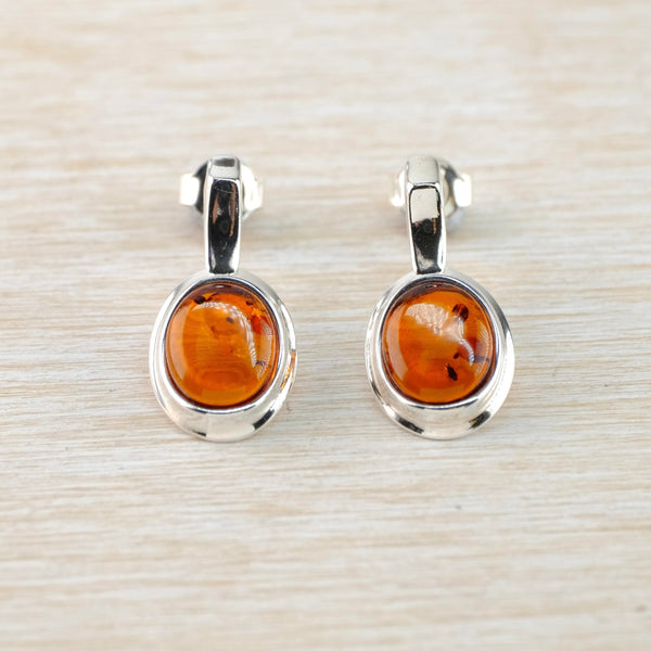 Cognac Amber and Hinged Curved Silver Post Earrings.