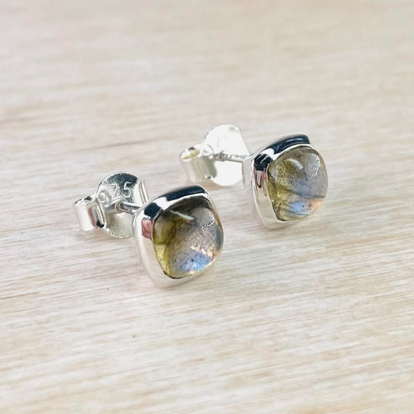 Small Square Labradorite and Sterling Silver Stud Earrings.