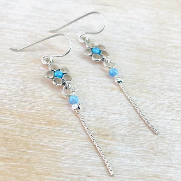 Long Opal and Sterling Silver Flower Earrings.