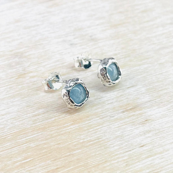 Aquamarine and Textured Silver Square Stud Earrings by JB Designs.