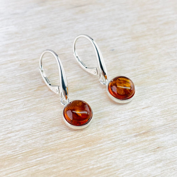 Classic Round Cognac Amber and Sterling Silver Earrings.