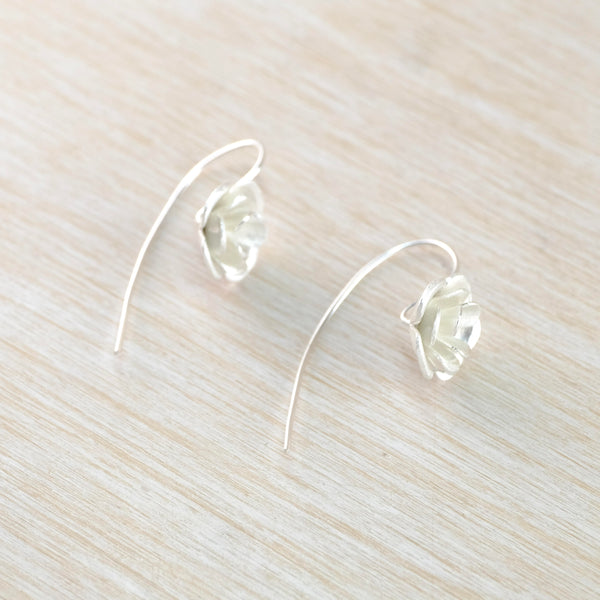 3 D Sterling Satin Silver Flower Drop Earrings