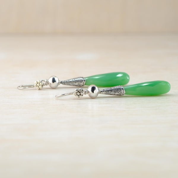 Long Faceted Chrysoprase and Sterling Silver Drop Earrings by Annie Mundy.