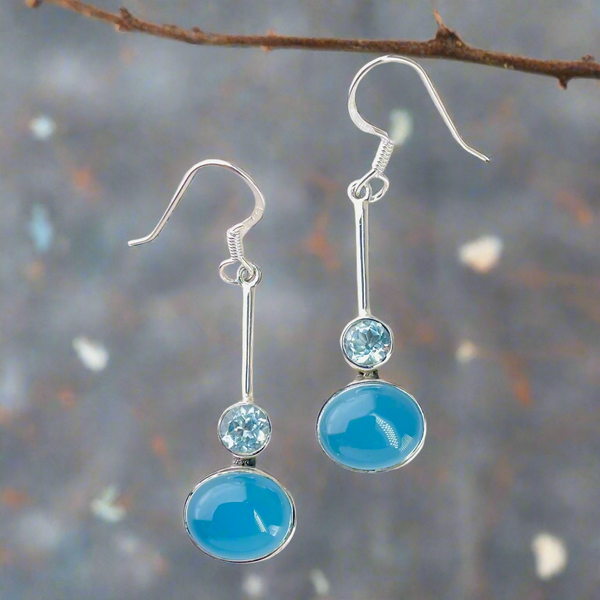 Blue Chalcedony, Blue Topaz and Sterling Silver Drop Earrings.