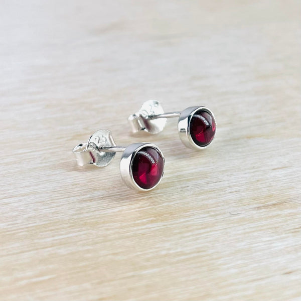 Cabochon Garnet and Sterling Silver Stud Earrings.