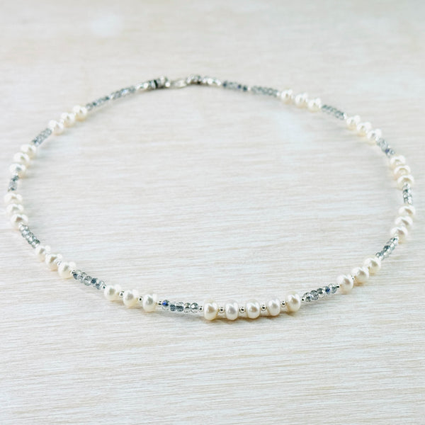 Freshwater Pearl, Grey Crystal and Sterling Silver Necklace by Emily Merrix.
