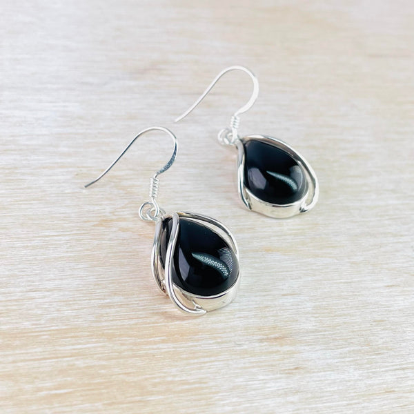 Tear Drop Black Onyx Earrings with Silver Overlay.