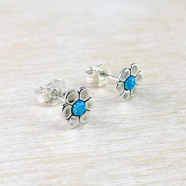 Opal and Sterling Silver Flower Stud Earrings.