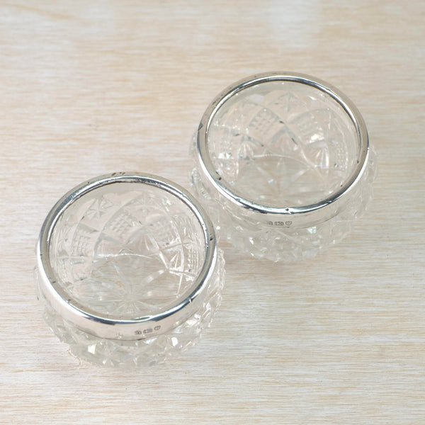 Pair of Antique Glass and Silver Salt Cellars, Hallmarked London 1908.