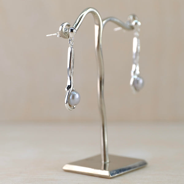Organic Design Sterling Silver and Grey Pearl Drop Earrings.
