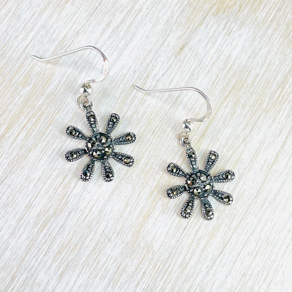 Marcasite and Sterling Silver Daisy Drop Earrings.