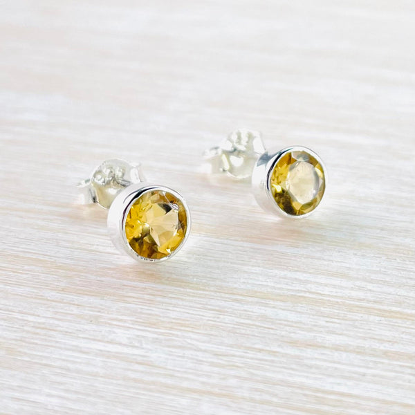 Round Sterling Silver and Citrine Stud Earrings.