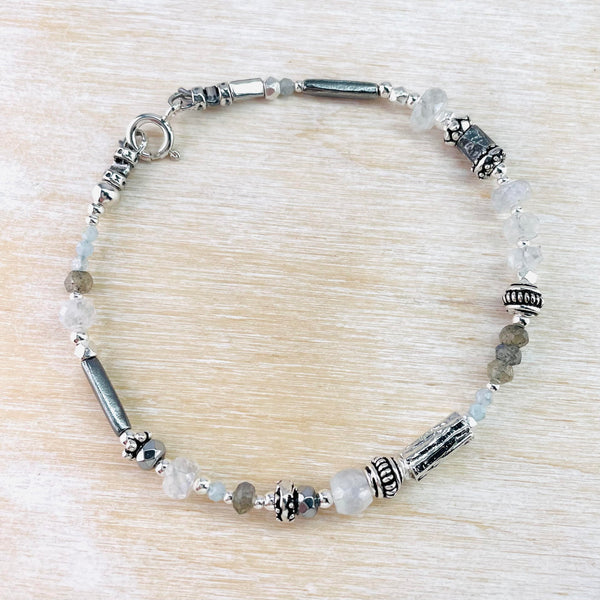 Rainbow Moonstone, Labradorite and Sterling Silver Bead Bracelet by Emily Merrix.
