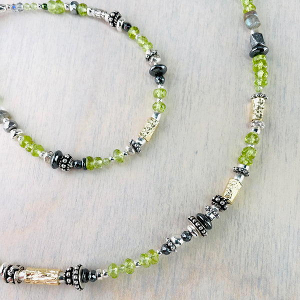 Peridot, Labradorite, Hematite, Silver and Gold Plated Bead Necklace by Emily Merrix.