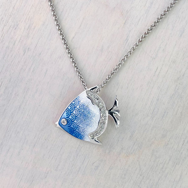 Silver, Blue Enamel and White Sapphire Angel Fish Pendant by Nicole Barr.