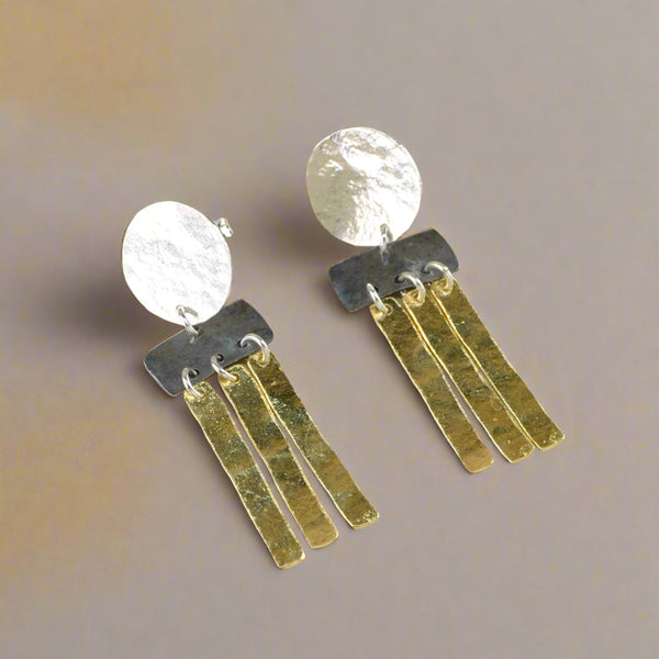 Three Colour Textured Articulated Silver Long Drop Earrings by JB Designs.