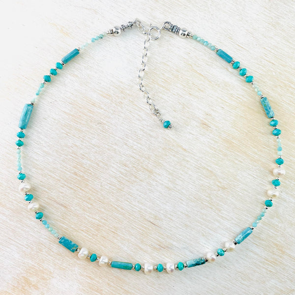 Amazonite, Turquoise, Freshwater Pearl and Silver Bead Necklace by Emily Merrix.