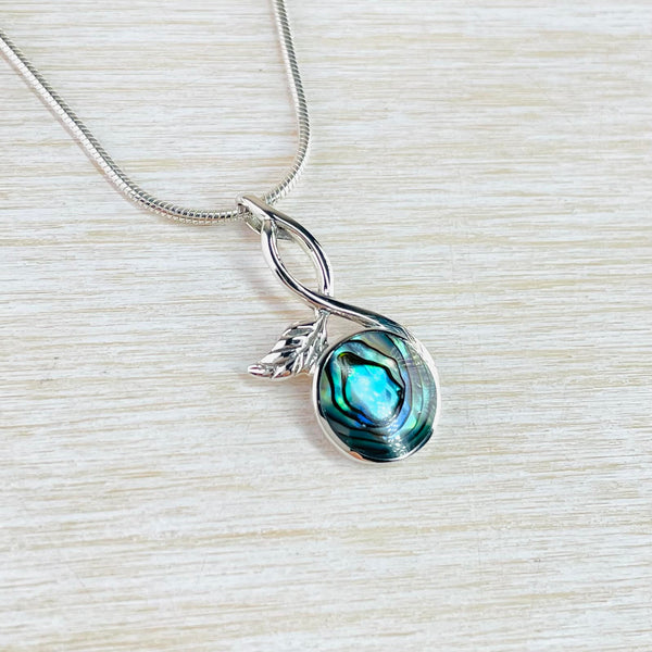 Circular Abalone and Sterling Silver Leaf Pendant.