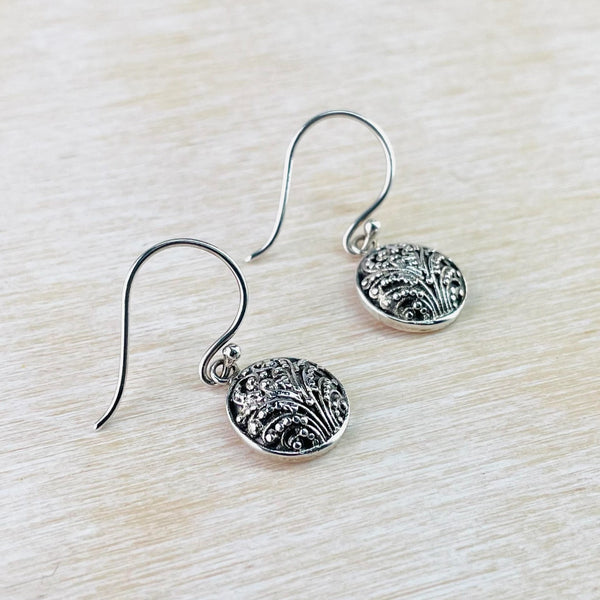 Decorated Round Sterling Silver Drop Earrings