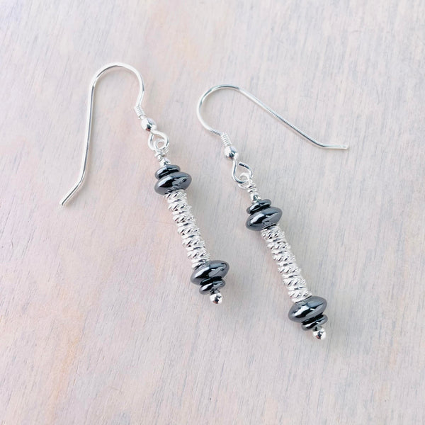 Silver and Hematite drop Earrings by Emily Merrix.