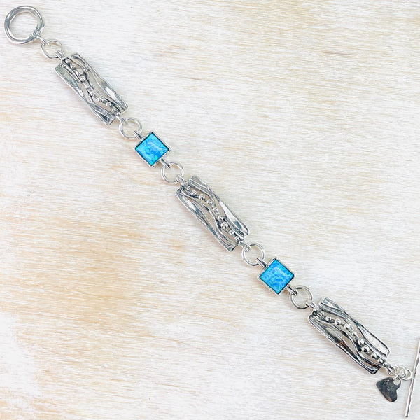 Decorative Sterling Silver and Square Opal Linked Bracelet.