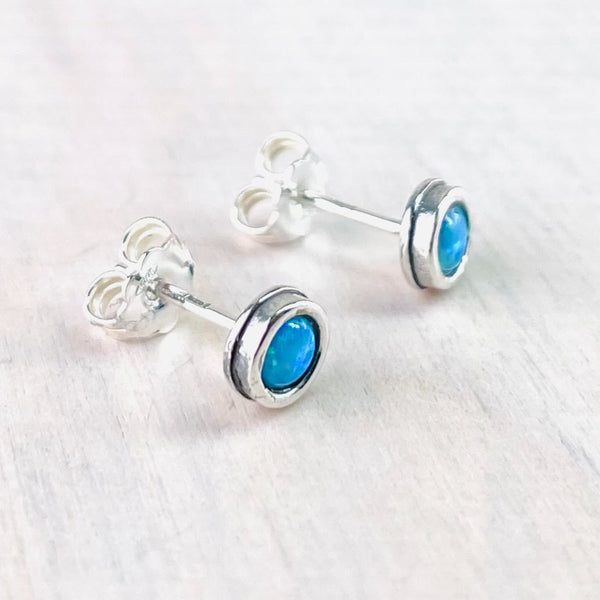 Decorative Round Opal and Silver Stud Earrings